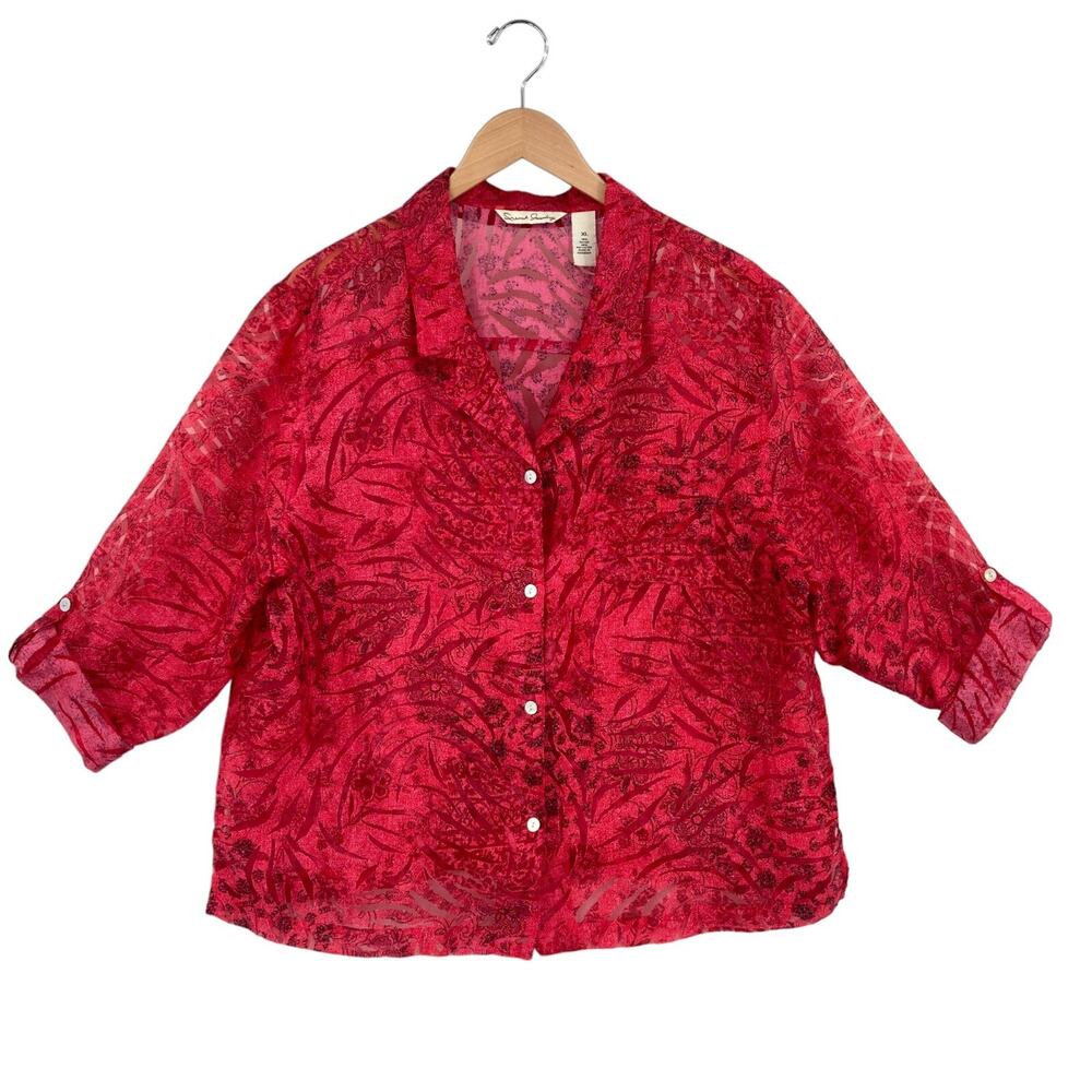 French Laundry Shirt Top Women XL Fuchsia Pink Burnout Sheer Floral Button Front